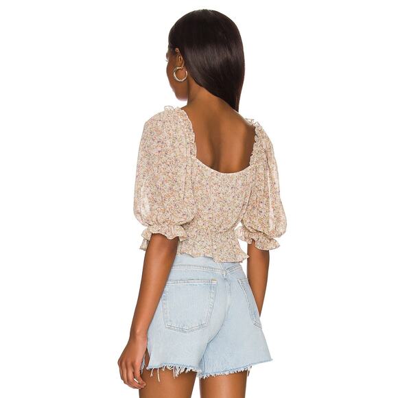 Revolve ASTR the Label Floral Puff Sleeve Crop Top Smocked Back S Taupe Multi - Picture 2 of 7